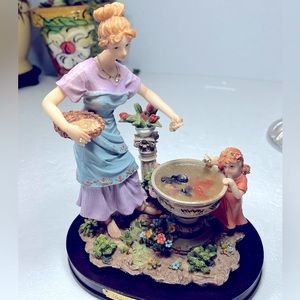 VINTAGE GENTILITY COLLECTION  LADY AND CHILD BY THE FOUNTAIN FEEDING FISH